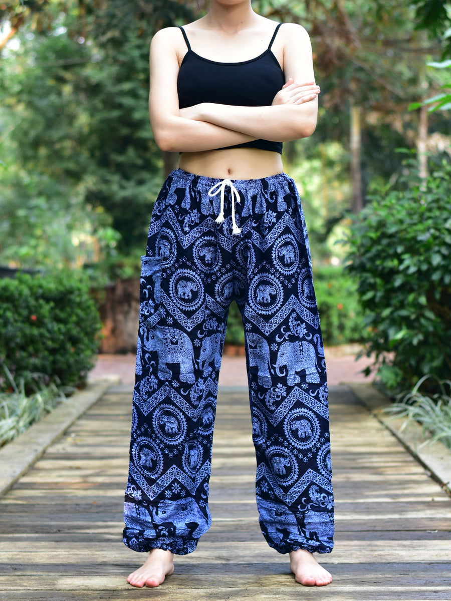 Bohotusk Blue Elephant Tusker Print Womens Harem Pants Tie Waist S/M t