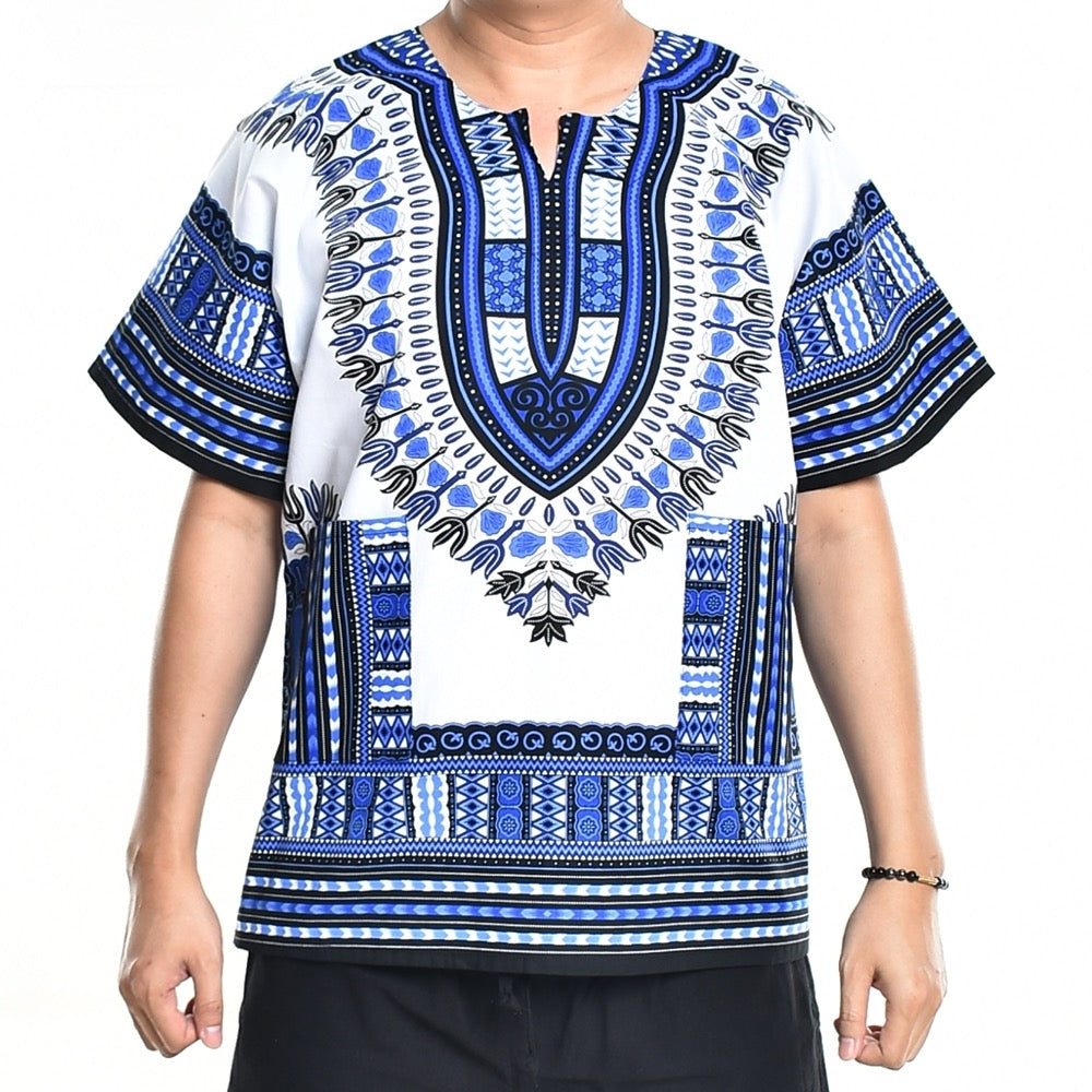 Light Blue White Dashiki Shirt African Poncho