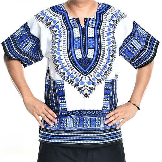 Light Blue White Dashiki Shirt African Poncho