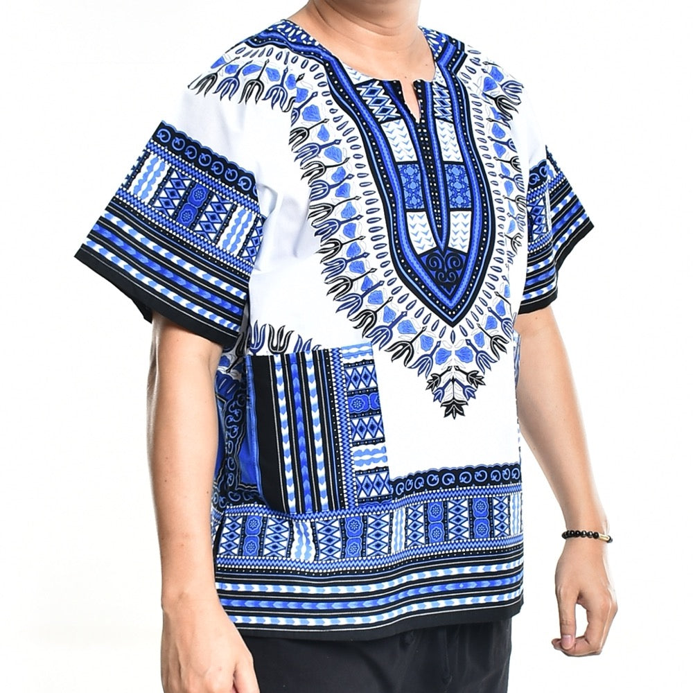 Light Blue White Dashiki Shirt African Poncho