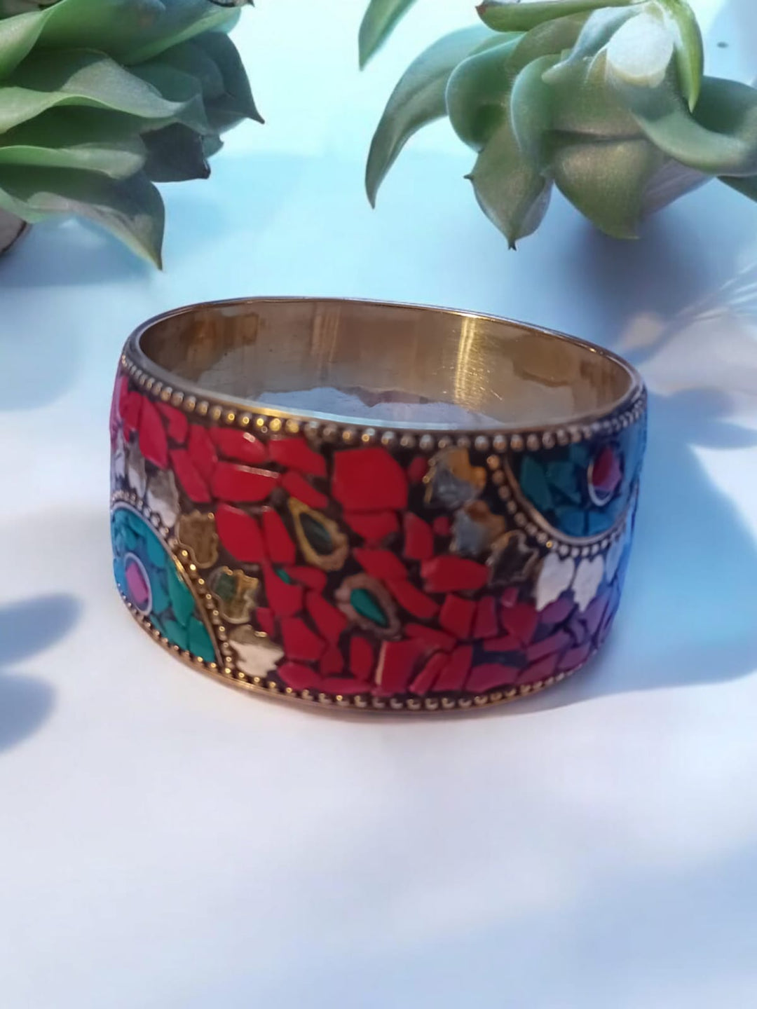 Bohotusk Red Mosaic Brass Bangle Bracelet