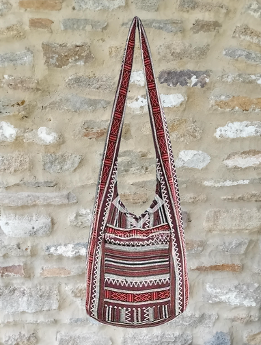 Bohotusk Brick Red Cream Striped Cotton Canvas Sling Shoulder Bag