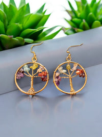 Bohotusk Brass Tree of Life Earrings With Coloured Stones