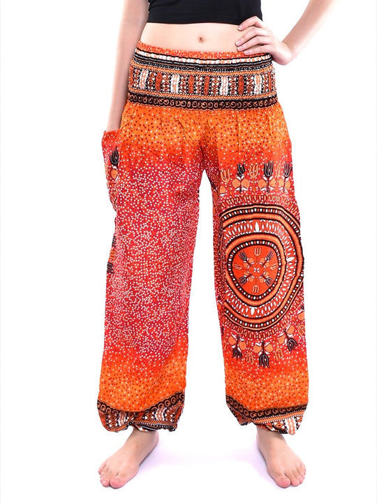 Bohotusk Orange Sun Storm Polka Elasticated Smocked Waist Womens Harem Pants S/M