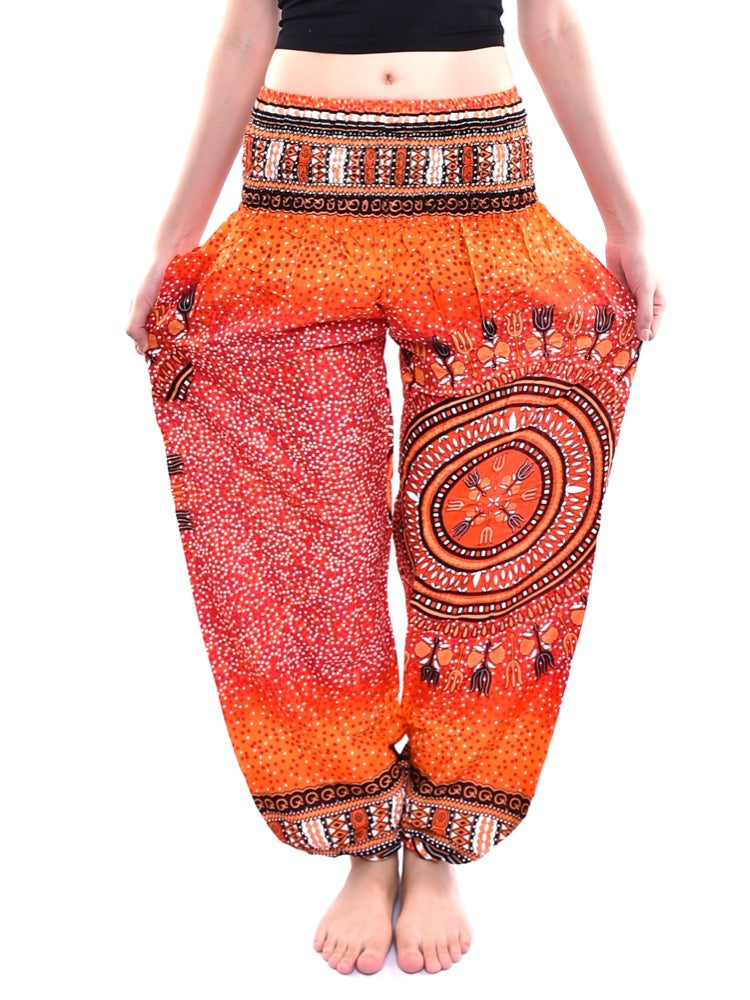 Bohotusk Orange Sun Storm Polka Elasticated Smocked Waist Womens Harem Pants S/M