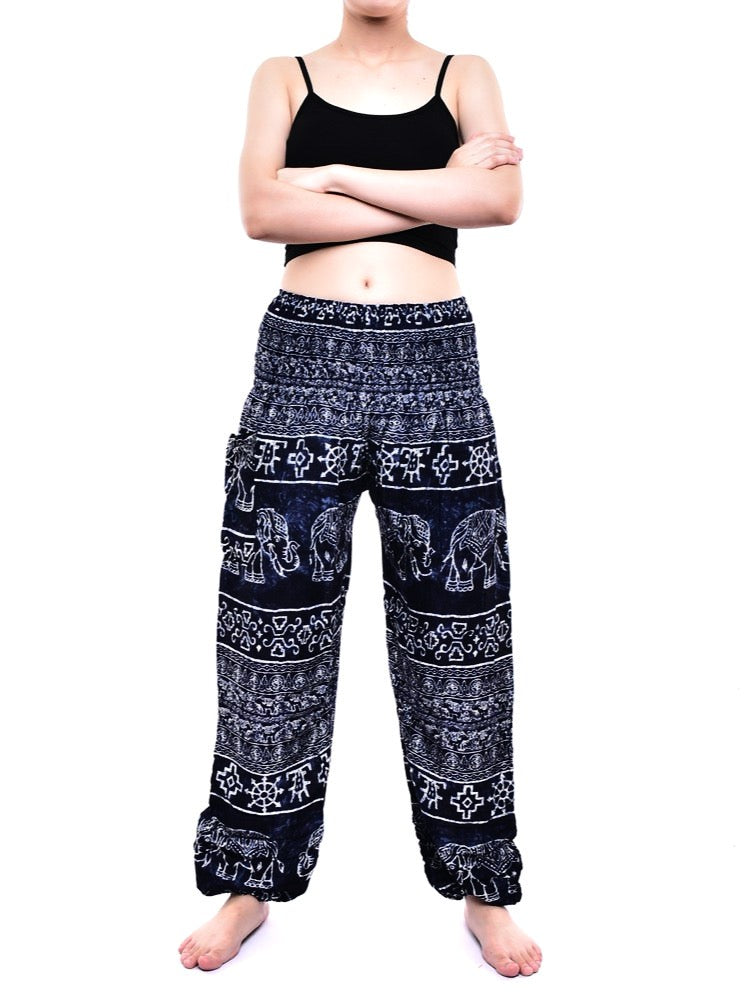 Bohotusk Black Amboseli Elephant Elasticated Smocked Waist Womens Harem Pants S/M