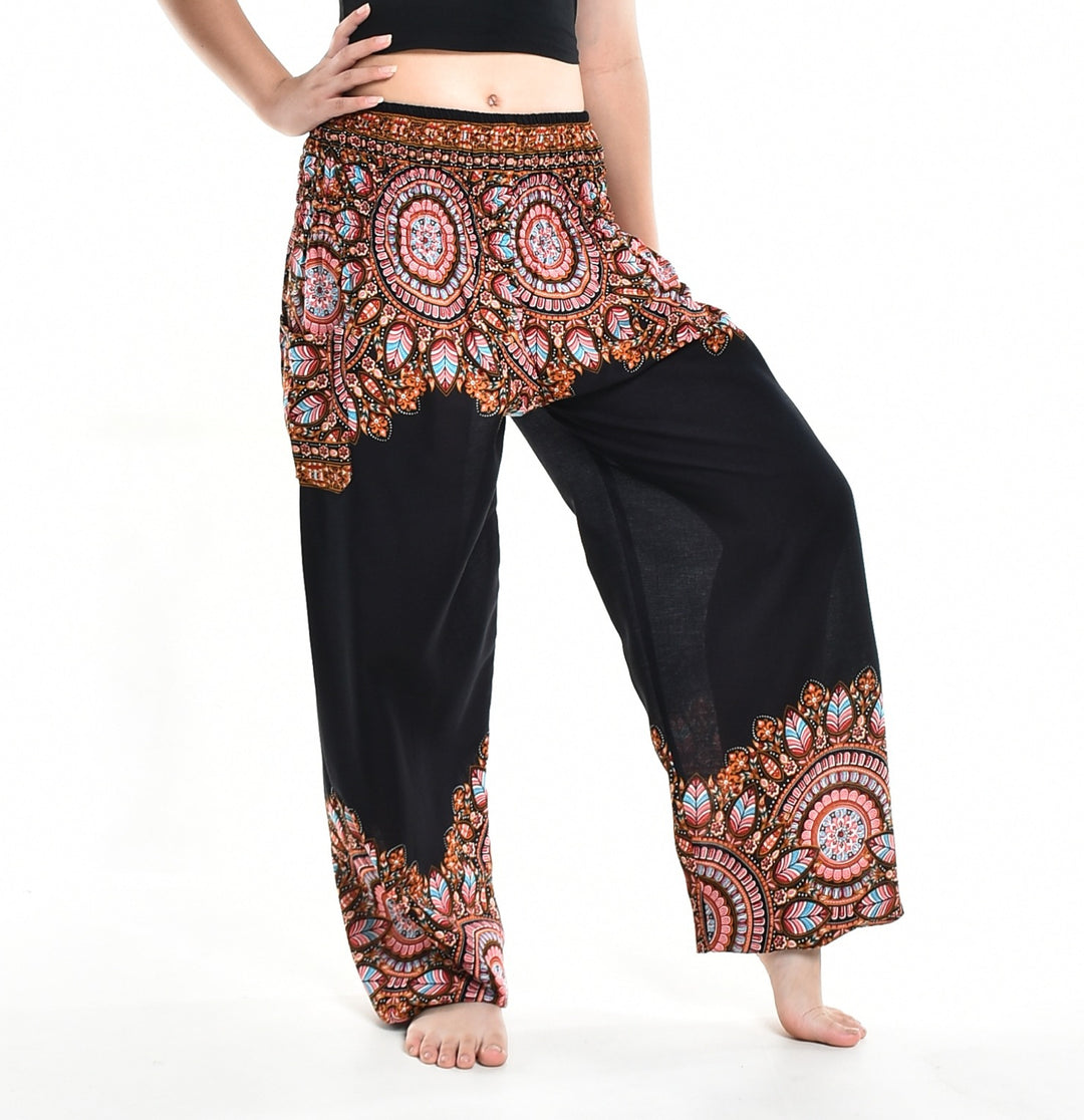 Bohotusk Black Moon Petal Elasticated Smocked Waist Womens Harem Pants S/M - 3XL