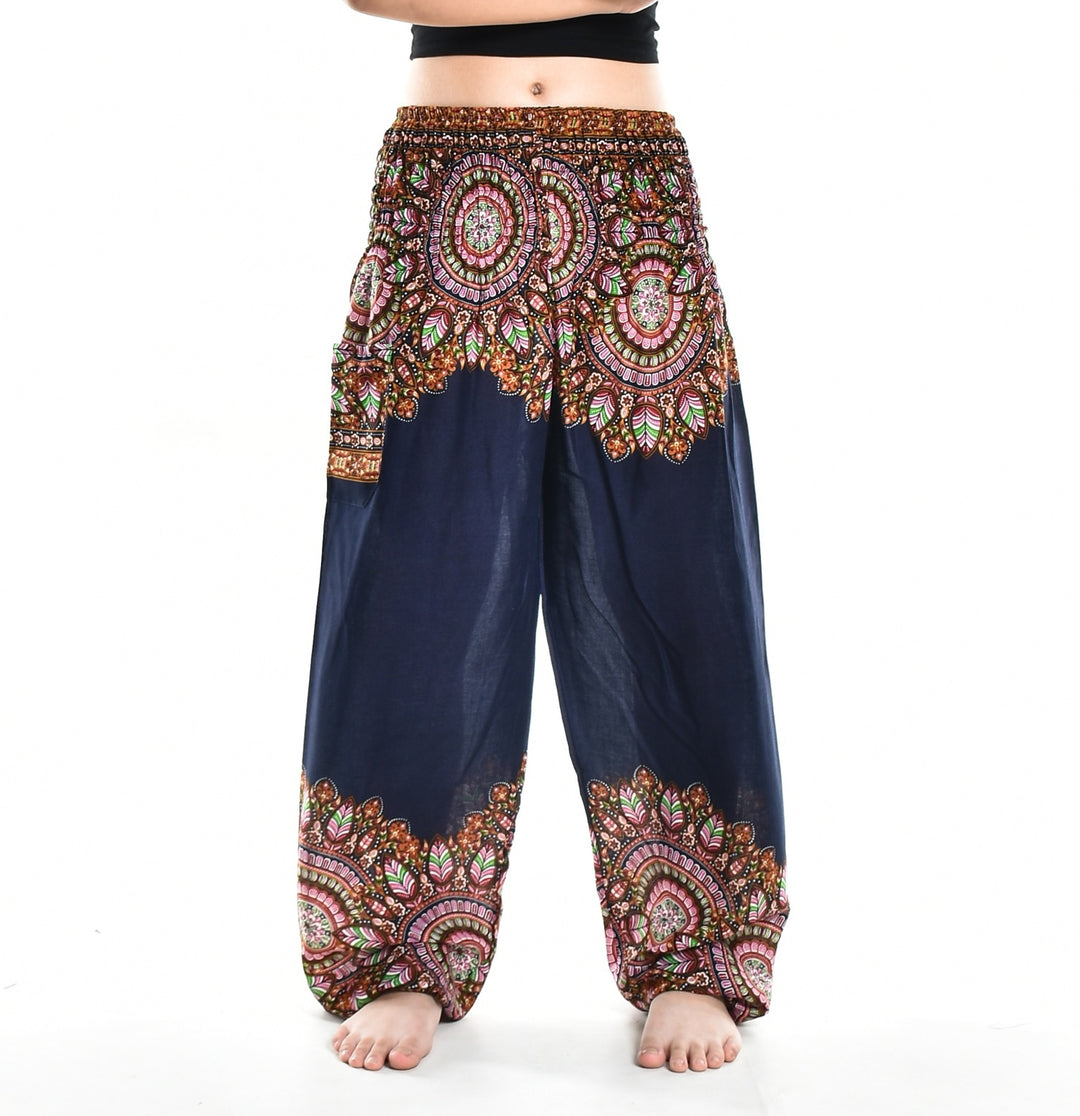 Bohotusk Navy Blue Moon Petal Elasticated Smocked Waist Womens Harem Pants S/M - 3XL