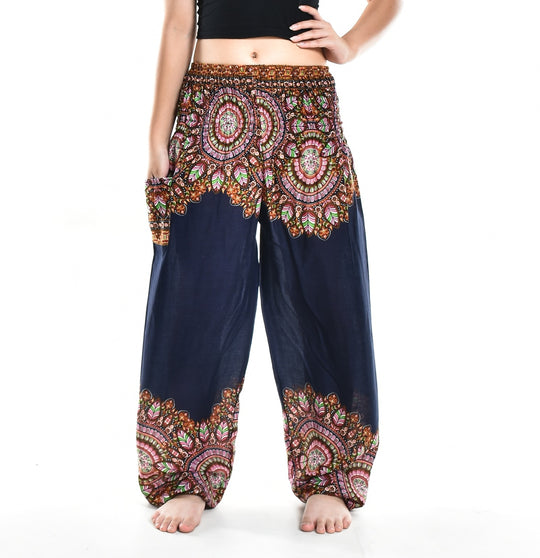 Bohotusk Navy Blue Moon Petal Elasticated Smocked Waist Womens Harem Pants S/M - 3XL