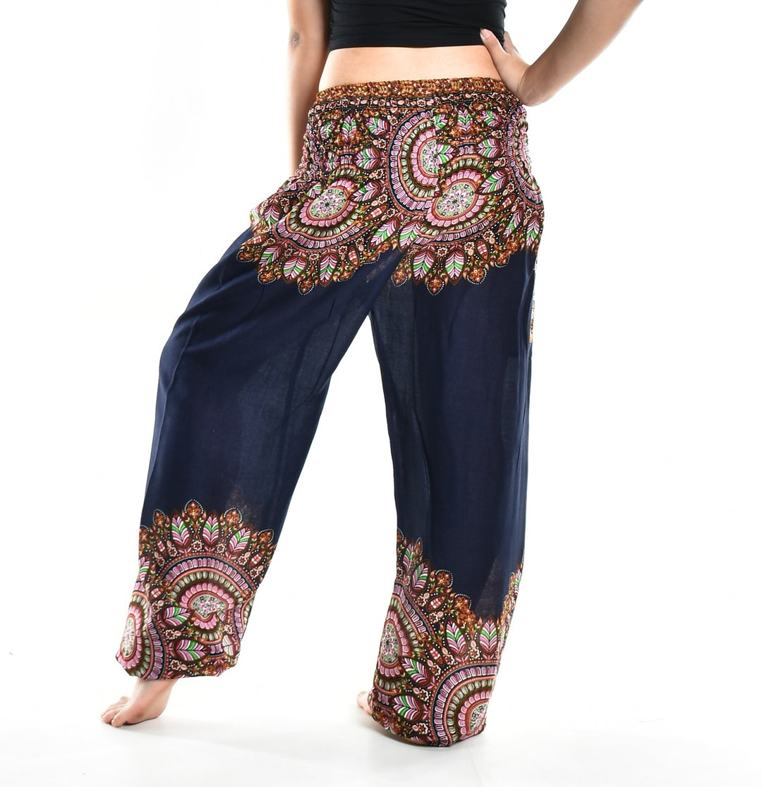 Bohotusk Navy Blue Moon Petal Elasticated Smocked Waist Womens Harem Pants S/M - 3XL