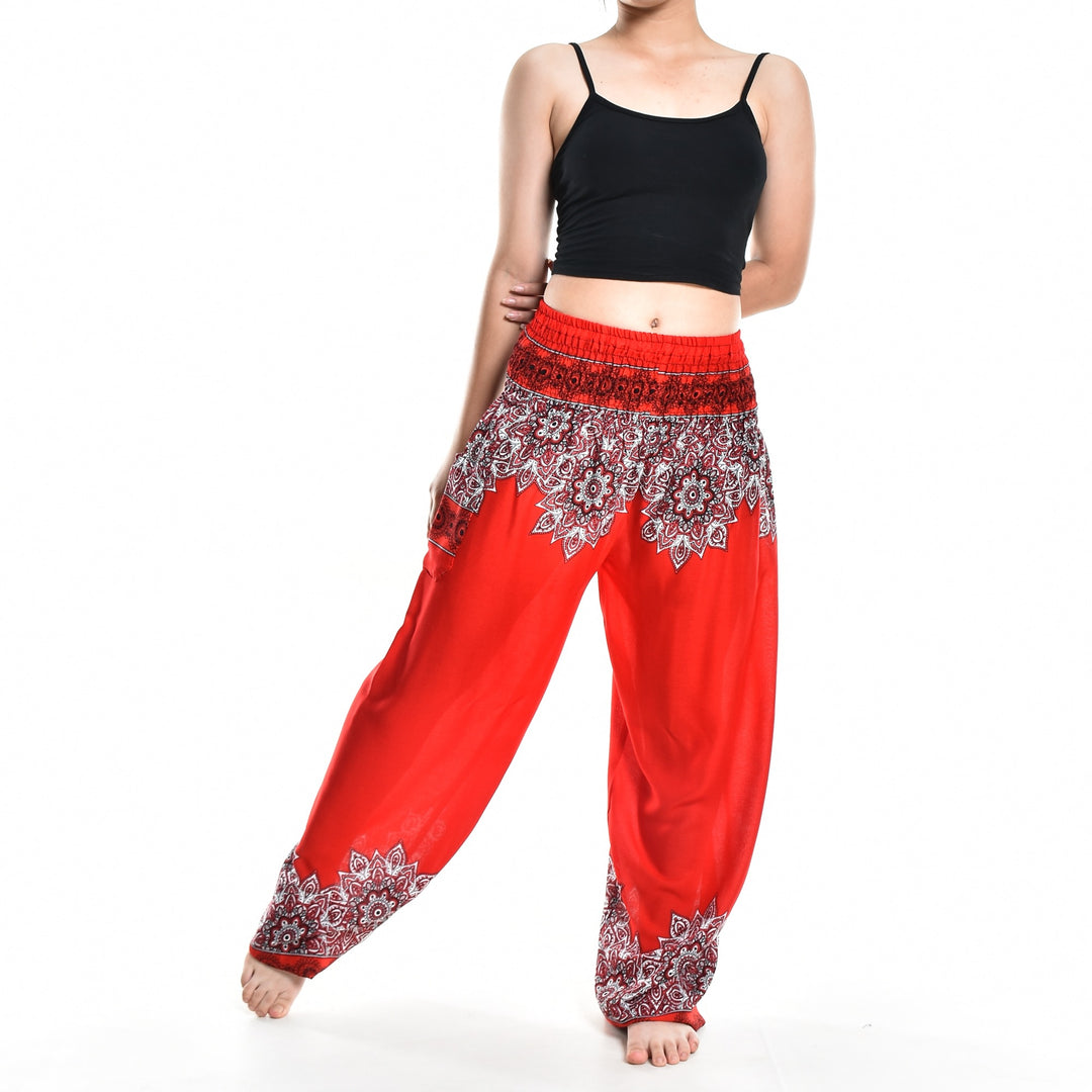 Bohotusk Red Thai Floral Smocked Waist Harem Pants S/M Only