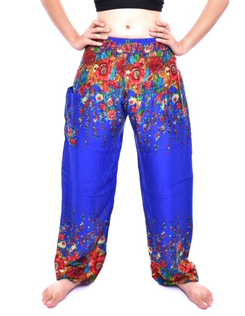 Bohotusk Royal Blue Floral Print Elasticated Smocked Waist Womens Harem Pants S/M Only