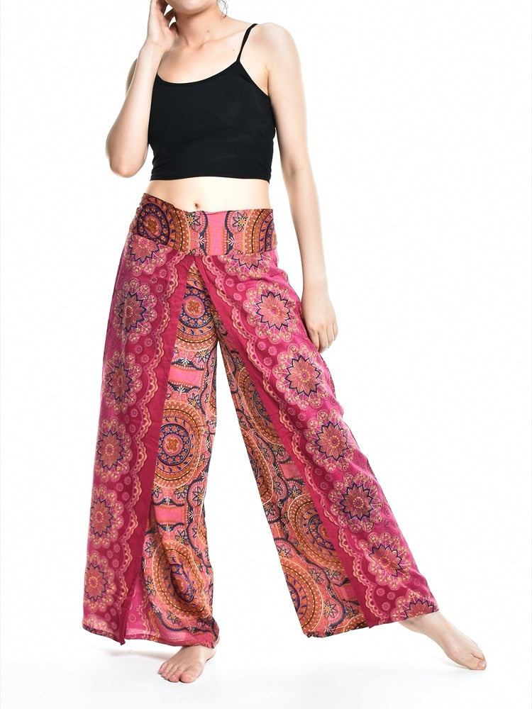 Bohotusk Pink Red Solar Circle Womens Palazzo Pants S/M (UK 8 - 12)