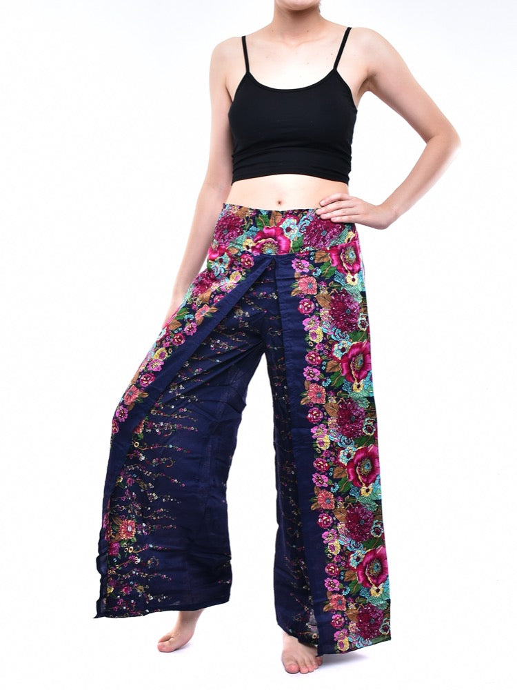 Bohotusk Indigo Blue Floral Print Womens Palazzo Pants S/M (UK 8 - 12)