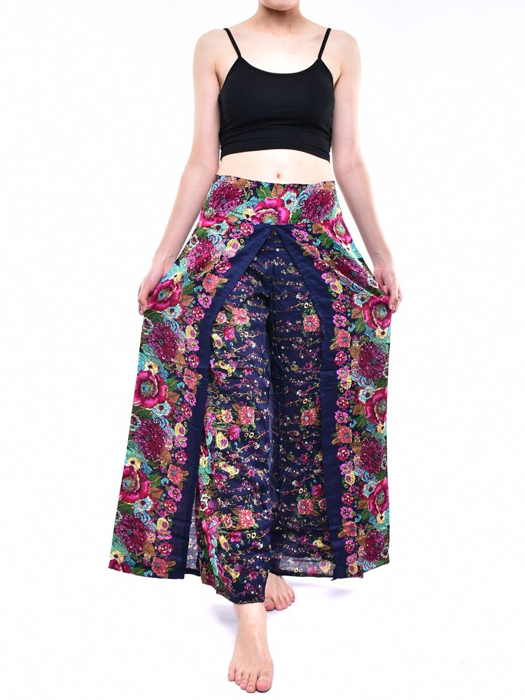 Bohotusk Indigo Blue Floral Print Womens Palazzo Pants S/M (UK 8 - 12)