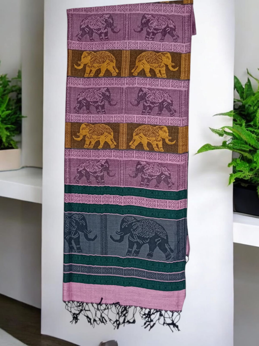 Bohotusk Purple Pink Elephant Stripe Print Silk Cotton Pashmina 200 x 75cm