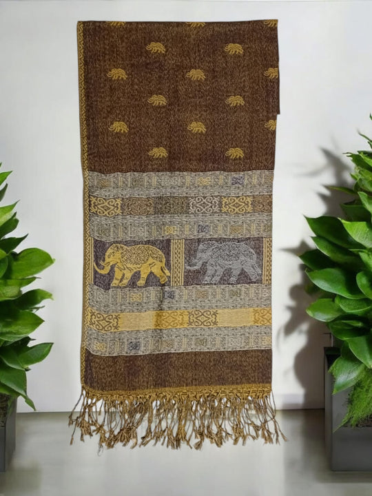 Bohotusk Brown Beige Yellow Elephant Stripe Print Silk Cotton Pashmina 200 x 75cm