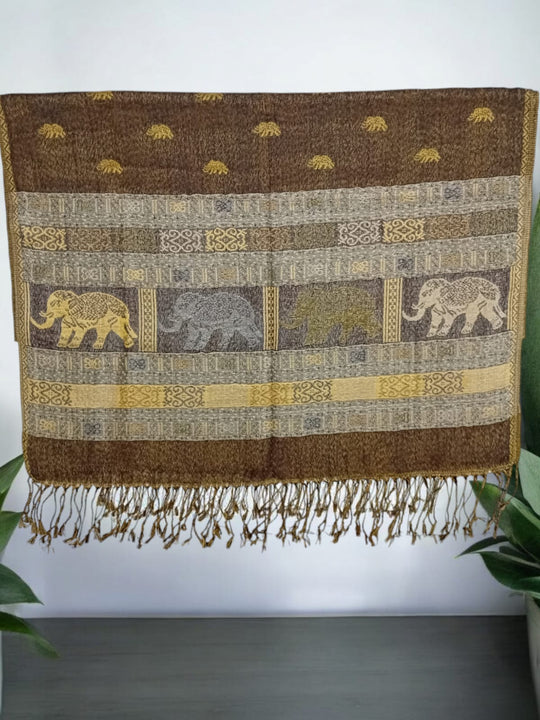 Bohotusk Brown Beige Yellow Elephant Stripe Print Silk Cotton Pashmina 200 x 75cm