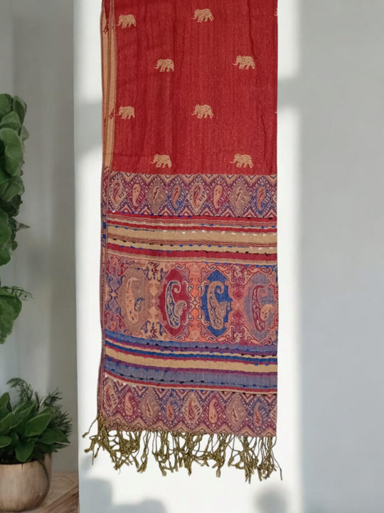 Bohotusk Red Blue Elephant Stripe Print Silk Cotton Pashmina 200 x 75cm