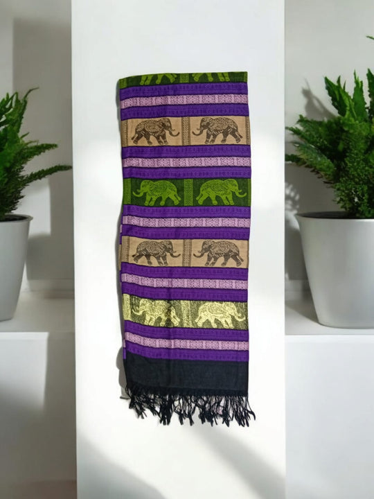 Bohotusk Purple Green Gold Elephant Stripe Print Silk Cotton Pashmina 200 x 75cm