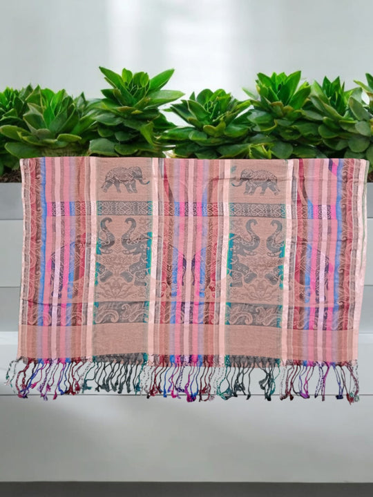 Bohotusk Pink Elephant Stripe Print Silk Cotton Pashmina 200 x 75cm