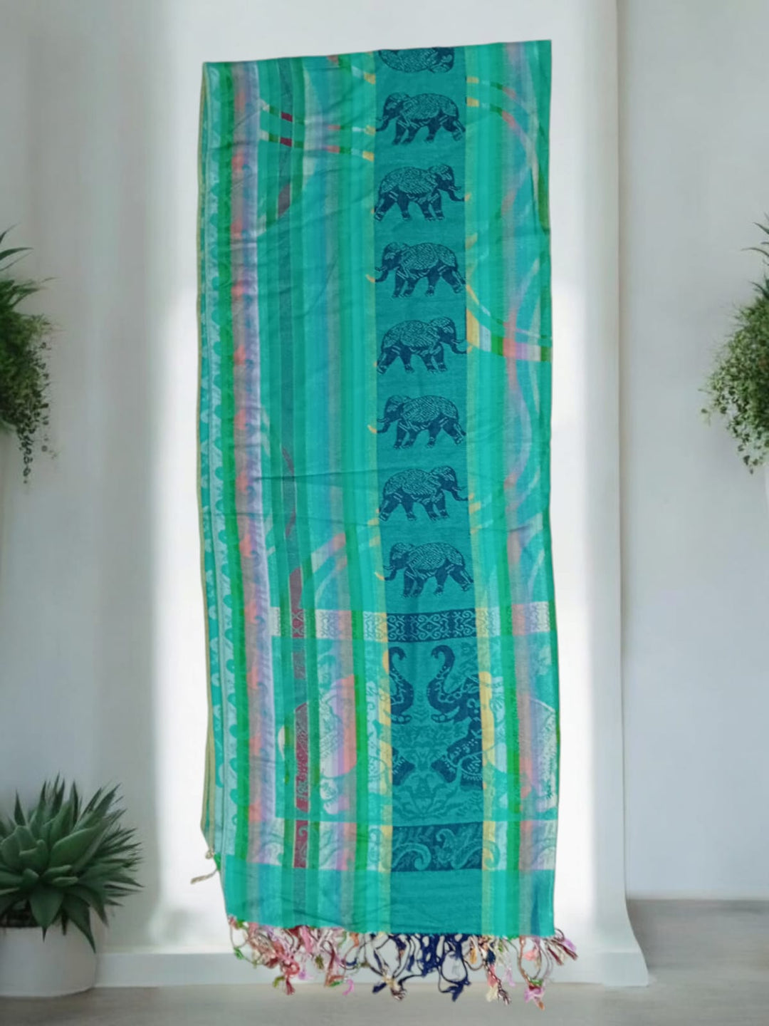 Bohotusk Aqua Green Elephant Stripe Print Silk Cotton Pashmina 200 x 75cm