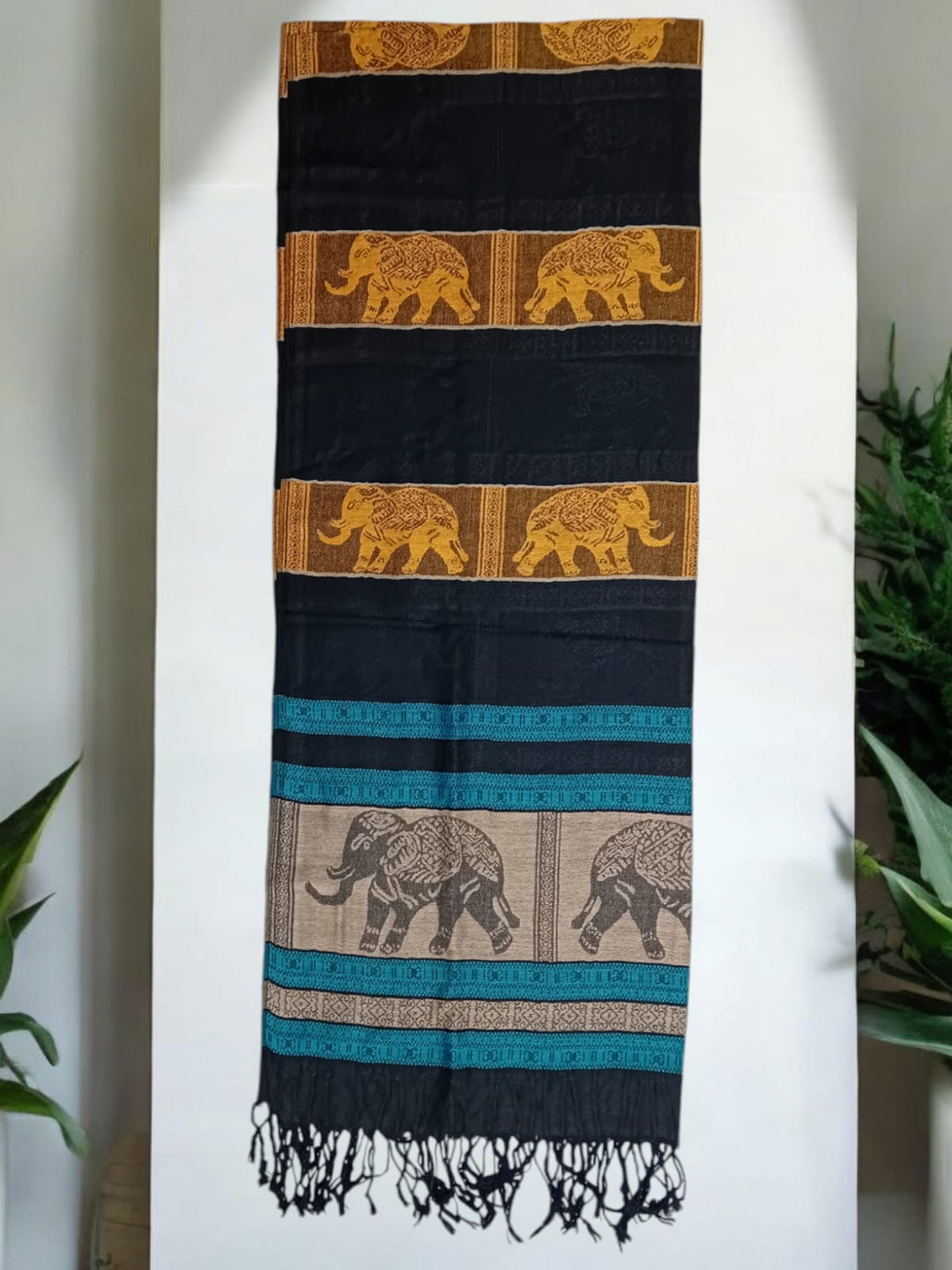 Bohotusk Blue Black Yellow Elephant Stripe Print Silk Cotton Pashmina 200 x 75cm