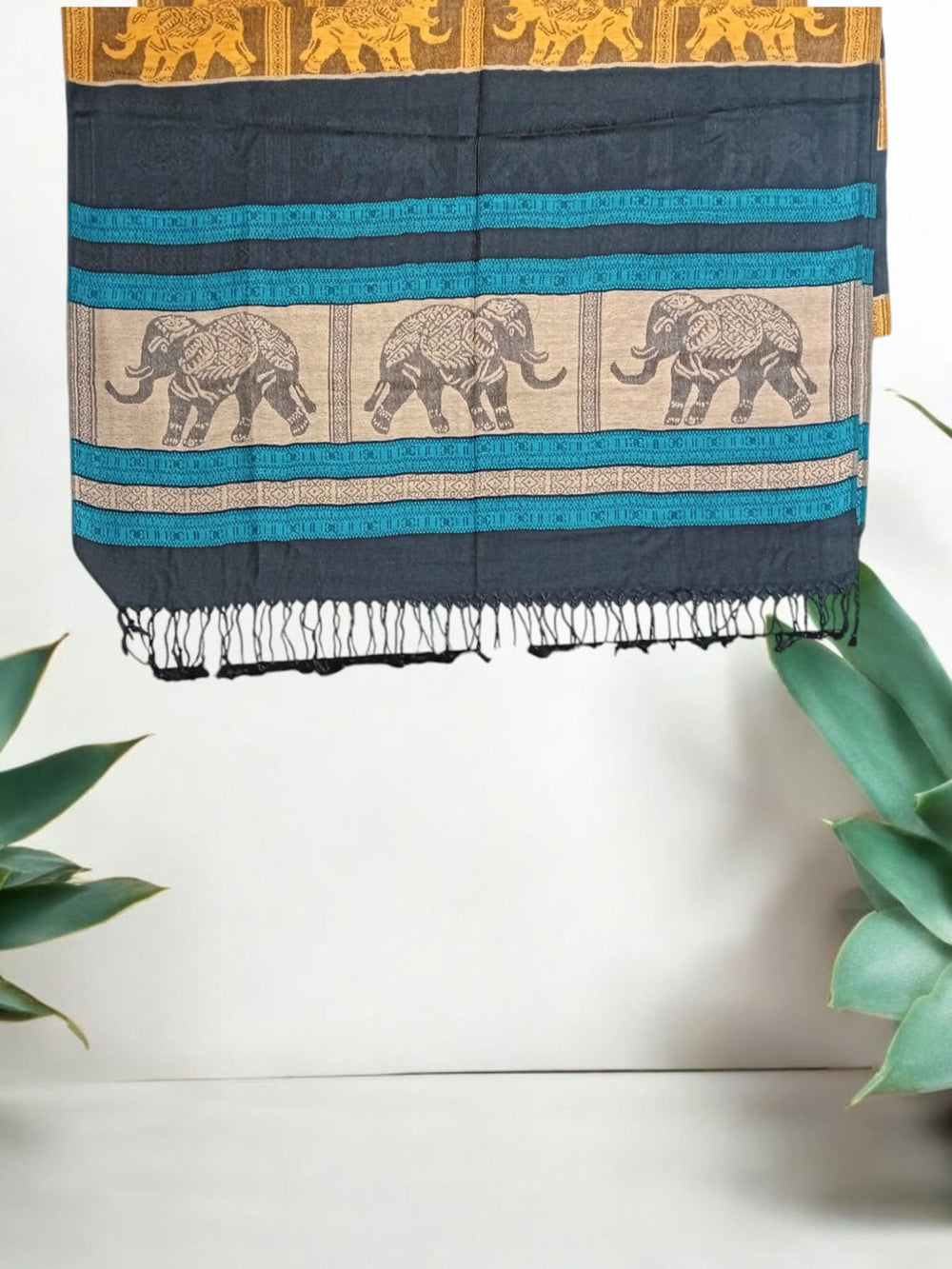 Bohotusk Blue Black Yellow Elephant Stripe Print Silk Cotton Pashmina 200 x 75cm