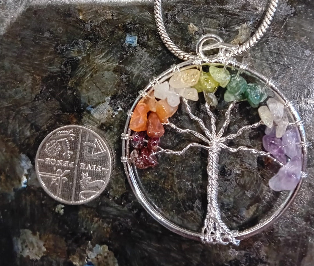 Bohotusk Tree of Life Round Pendant Necklace Purple Coloured Stones