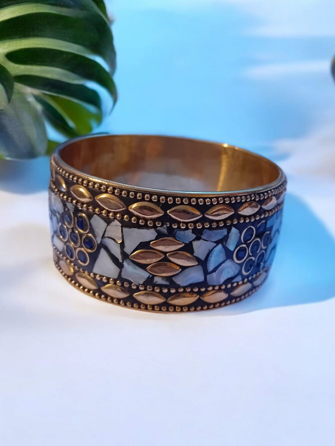 Bohotusk Blue and Aqua Marine Mosaic Brass Bangle Bracelet