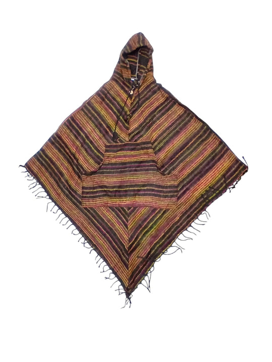 Brown Green Stripe Woollen Poncho