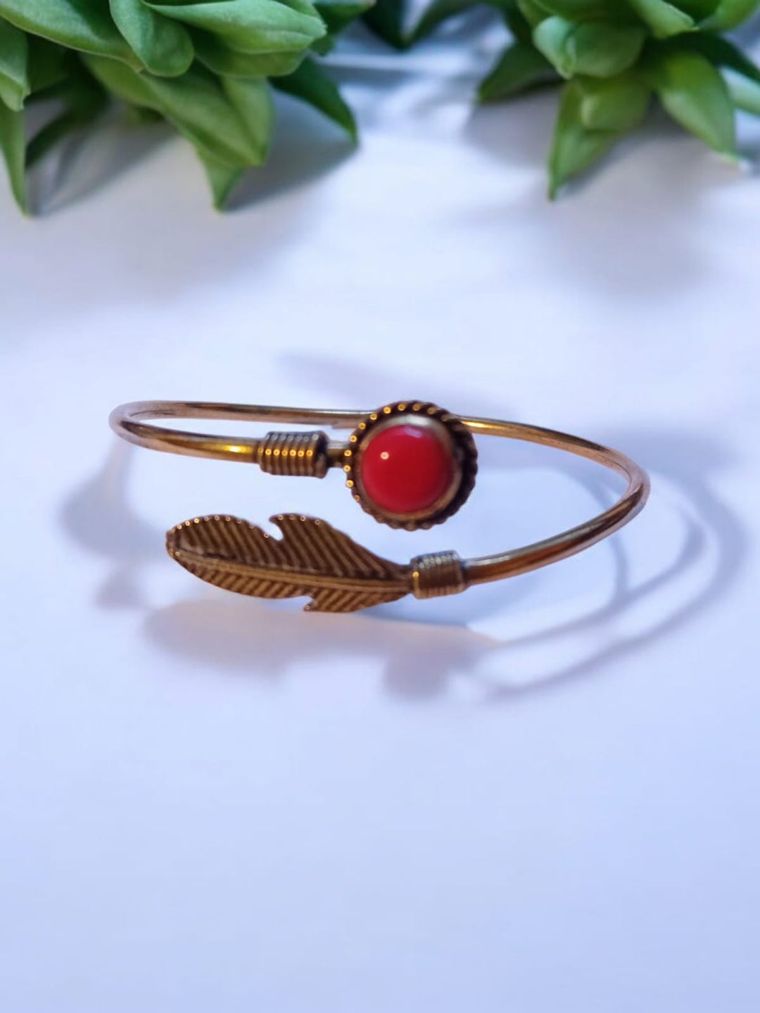 Bohotusk Red Stone Leaf Design Adjustable Bangle Bracelet