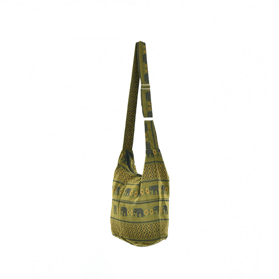 Bohotusk Green Elephant Cotton Sling Shoulder Bag Adjustable Strap with Zip Closure