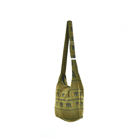 Bohotusk Green Elephant Cotton Sling Shoulder Bag Adjustable Strap with Zip Closure