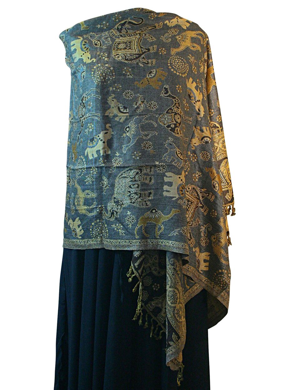 Grey Gold Elephant Camel Print Pashmina Reversable 200 x 75cm