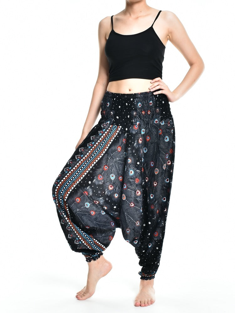 Bohotusk Black Peacock Print Low Crotch Harem Pants Womens Elasticated Smocked Waist S/M