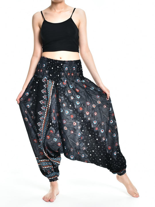 Bohotusk Black Peacock Print Low Crotch Harem Pants Womens Elasticated Smocked Waist S/M