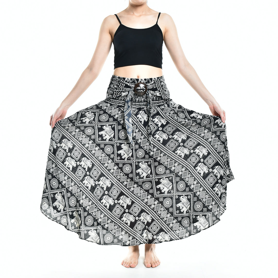 Bohotusk Black Elephant Print Long Skirt With Coconut Buckle (& Strapless Dress) S/M to 3XL