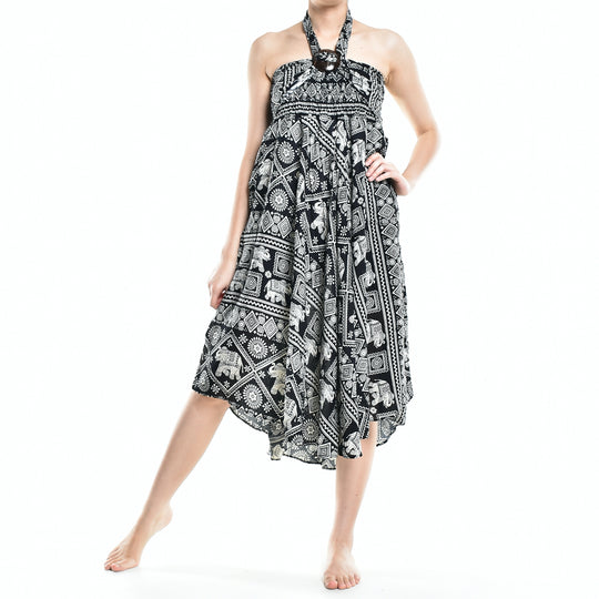 Bohotusk Black Elephant Print Long Skirt With Coconut Buckle (& Strapless Dress) S/M to 3XL