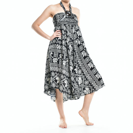 Bohotusk Black Elephant Print Long Skirt With Coconut Buckle (& Strapless Dress) S/M to 3XL