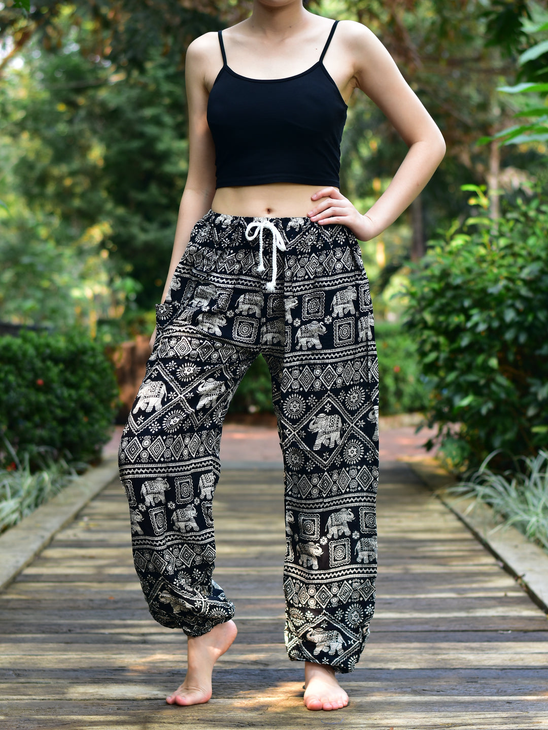 Bohotusk Black Elephant Print Womens Harem Pants Tie Waist S/M to 3XL