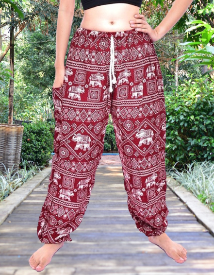 Bohotusk Red Elephant Print Womens Harem Pants Tie Waist S/M Only