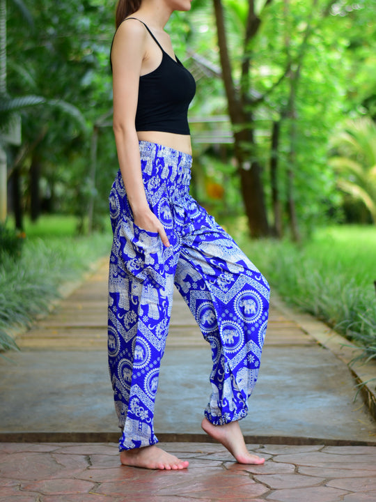 Bohotusk Blue Elephant Paradise Print Elasticated Smocked Waist Womens Harem Pants S/M to LXL