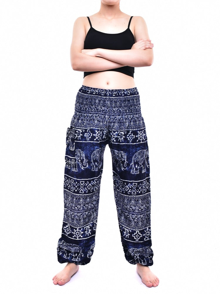 Bohotusk Navy Blue Amboseli Elephant Elasticated Smocked Waist Womens Harem Pants S/M