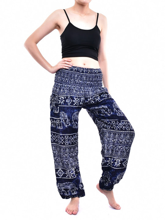 Bohotusk Navy Blue Amboseli Elephant Elasticated Smocked Waist Womens Harem Pants S/M