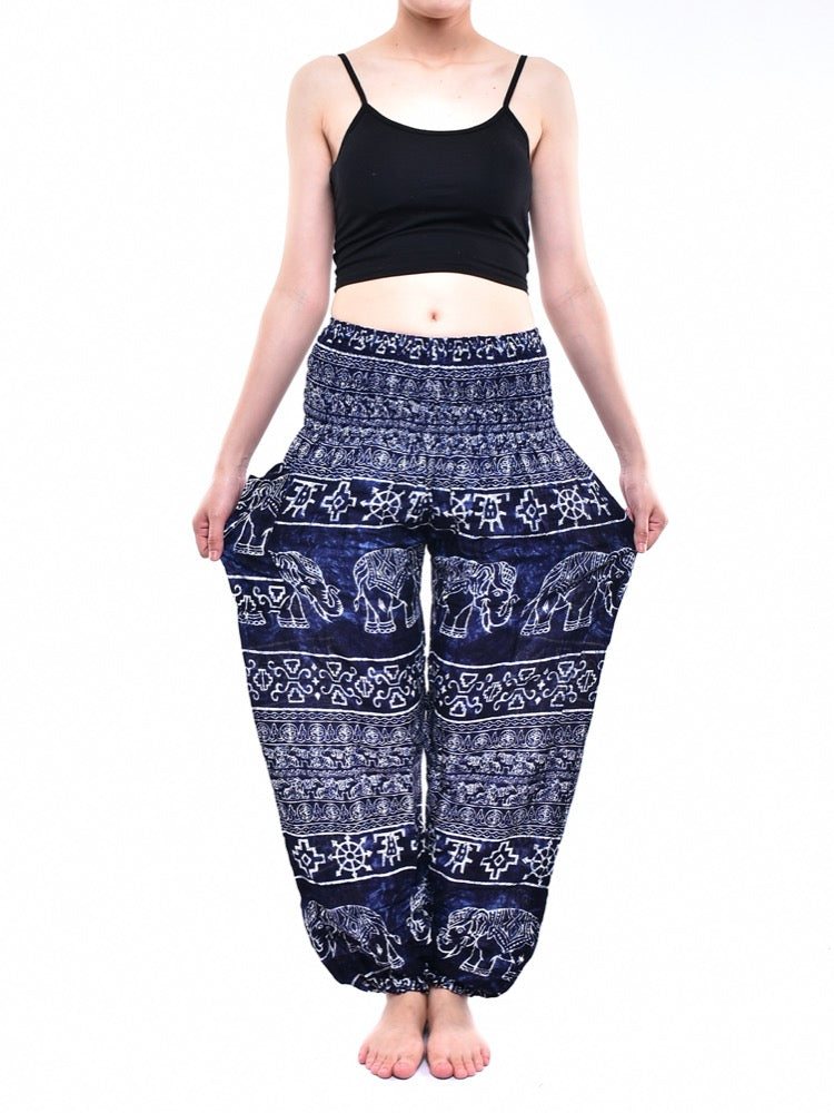 Bohotusk Navy Blue Amboseli Elephant Elasticated Smocked Waist Womens Harem Pants S/M