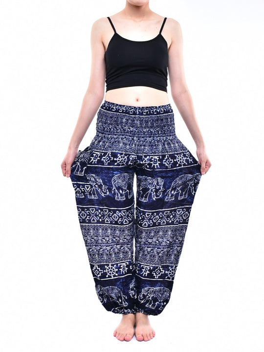 Bohotusk Navy Blue Amboseli Elephant Elasticated Smocked Waist Womens Harem Pants S/M