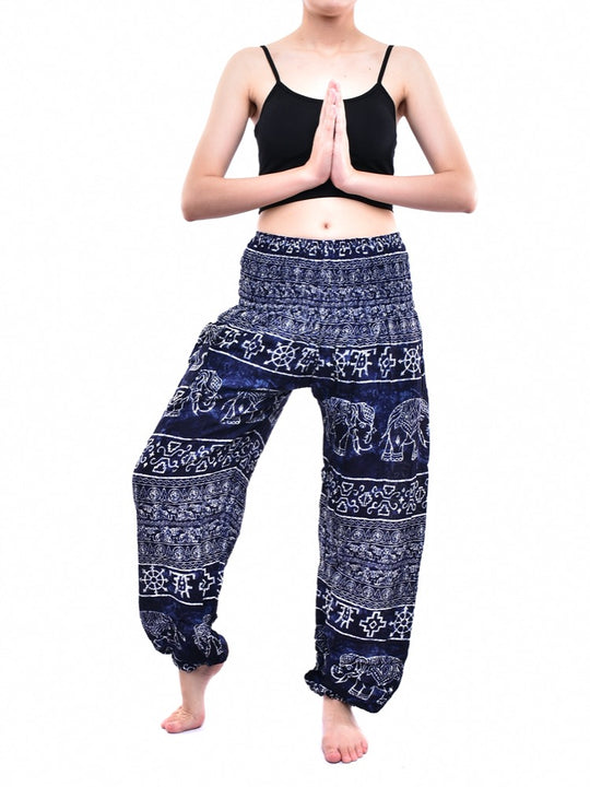 Bohotusk Navy Blue Amboseli Elephant Elasticated Smocked Waist Womens Harem Pants S/M