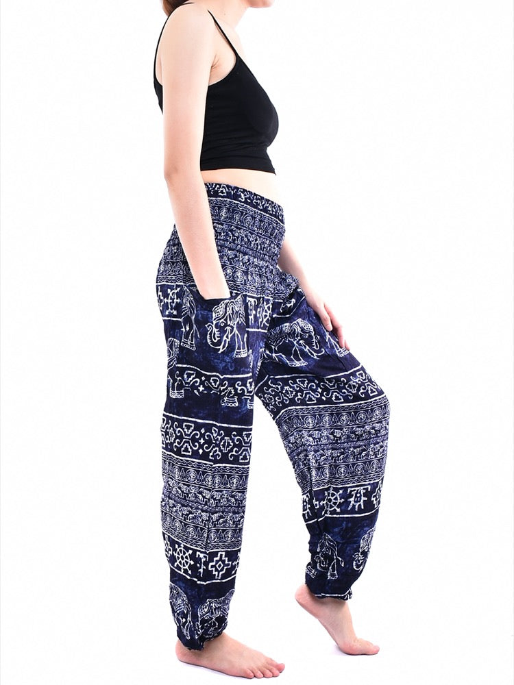 Bohotusk Navy Blue Amboseli Elephant Elasticated Smocked Waist Womens Harem Pants S/M