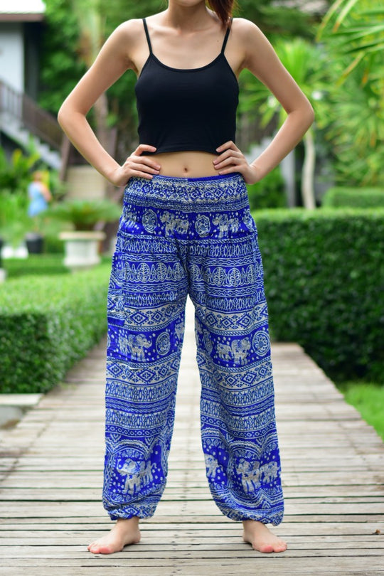 Bohotusk Blue Elephant Calf Print Elasticated Smocked Waist Womens Harem Pants S/M to 3XL